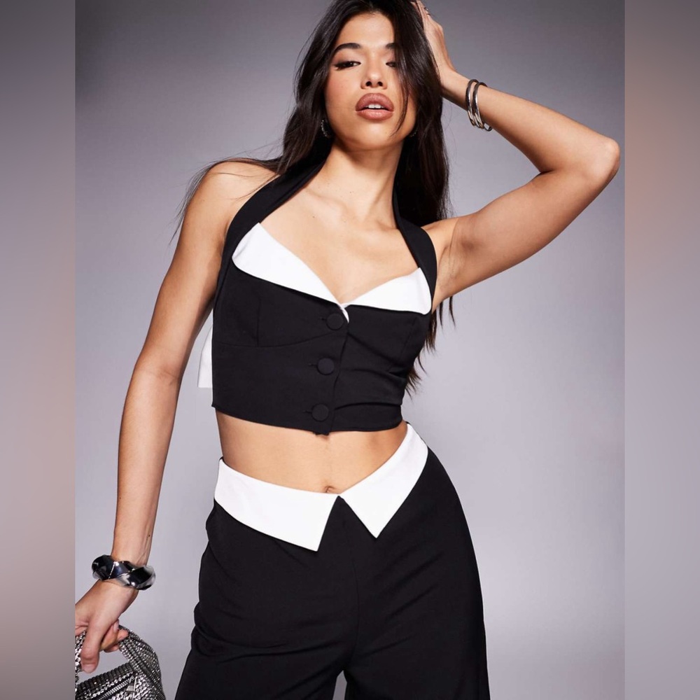 ASOS LUXE satin contrast halter bralette with bow back in black